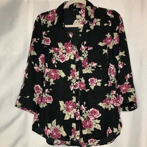 BCX Women’s Black and Pink Floral Button-Down Blouse Top Size Medium